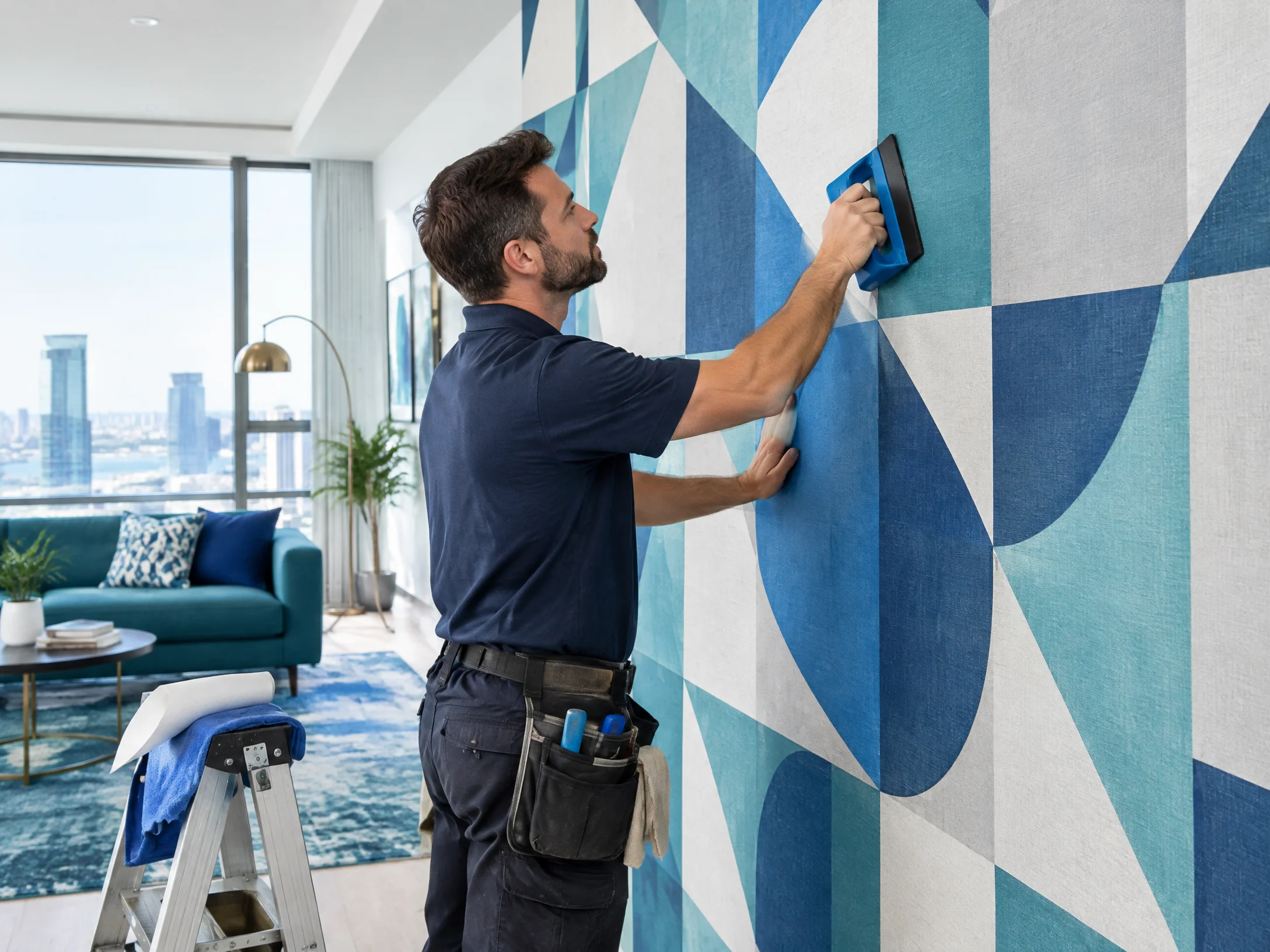 Professional wallpaper installer working on a modern contemporary interior installation