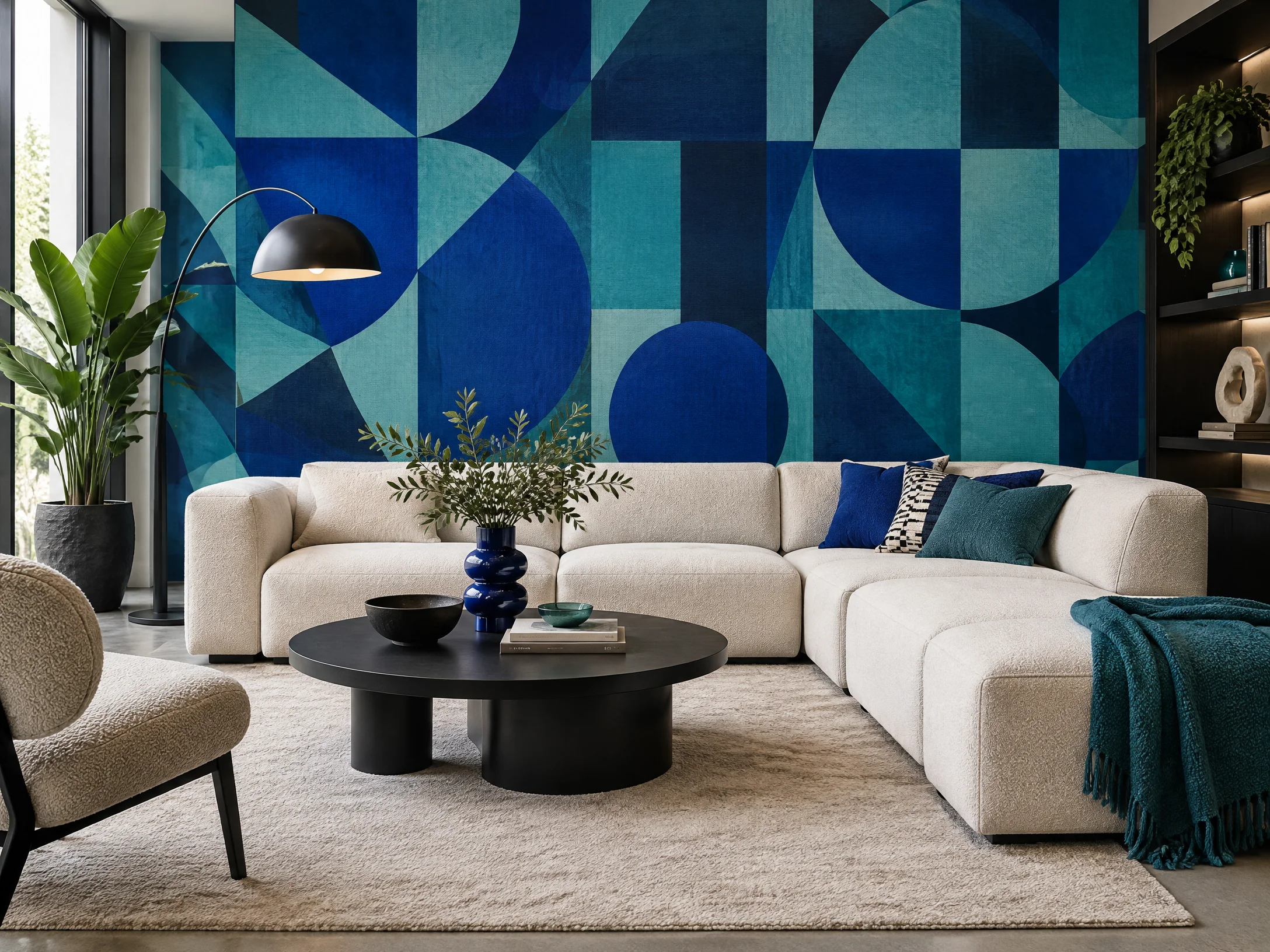 Modern Living Room Feature Wall with blue and teal geometric wallpaper