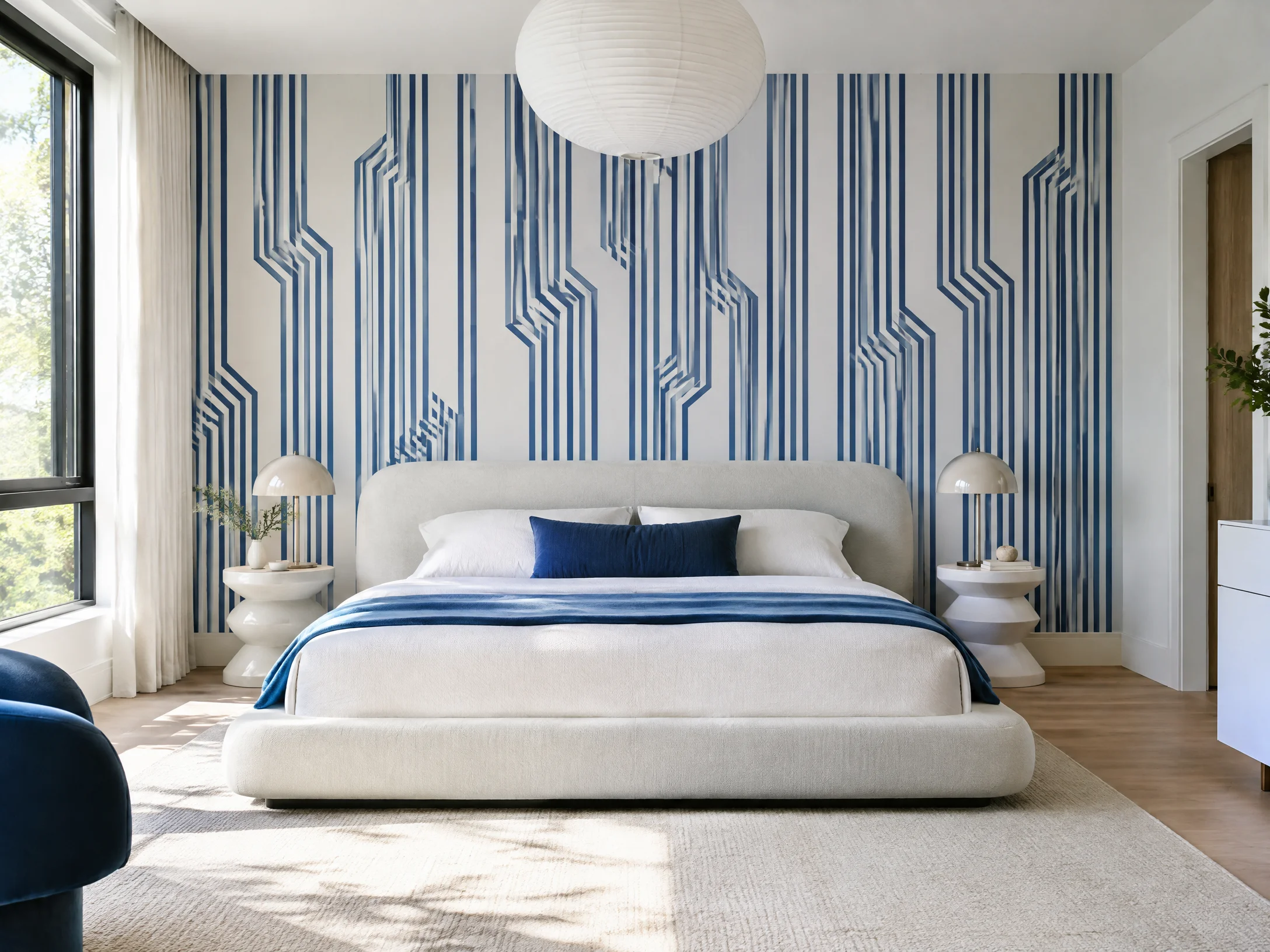 Contemporary Bedroom Wallcovering with blue linear pattern