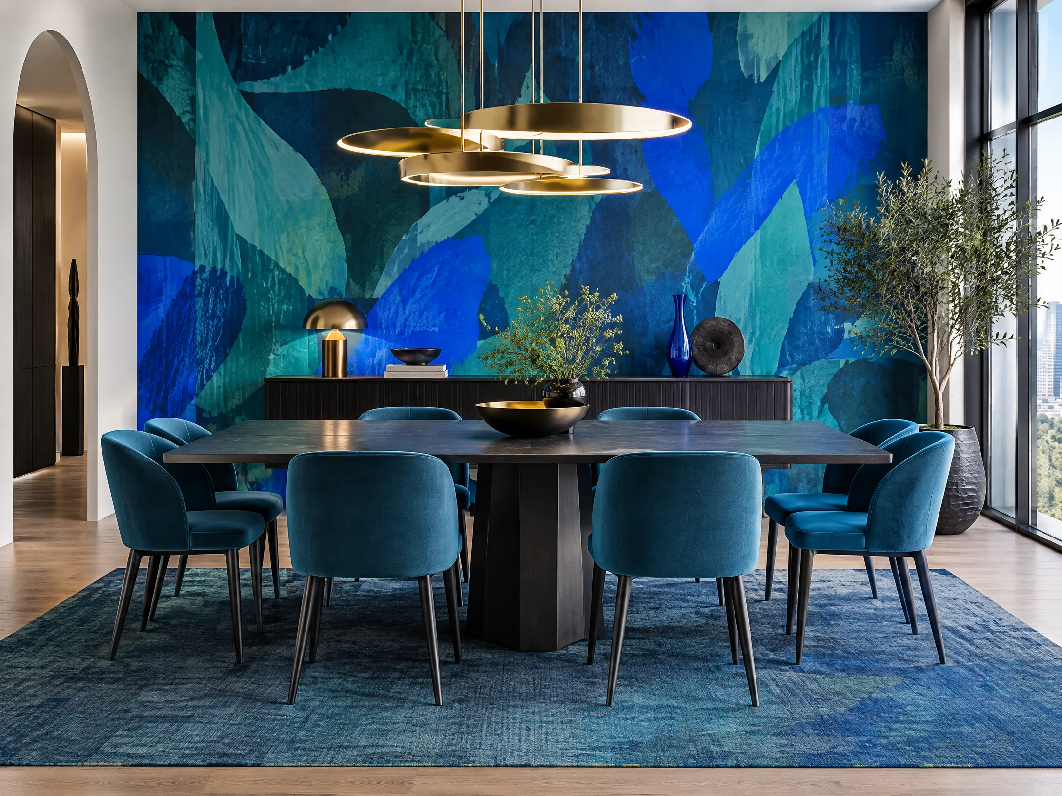 Bold Dining Room Installation with contemporary teal wallcovering