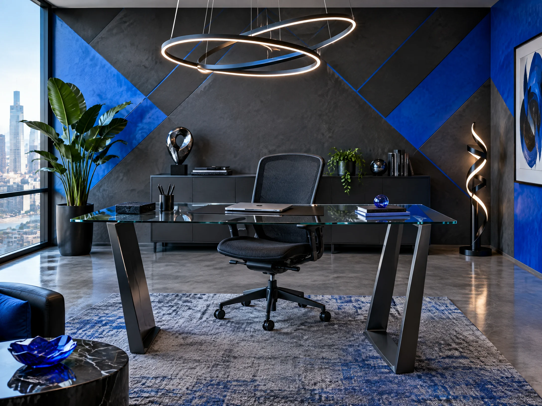 Stylish Office Interior with black and electric blue wallpaper