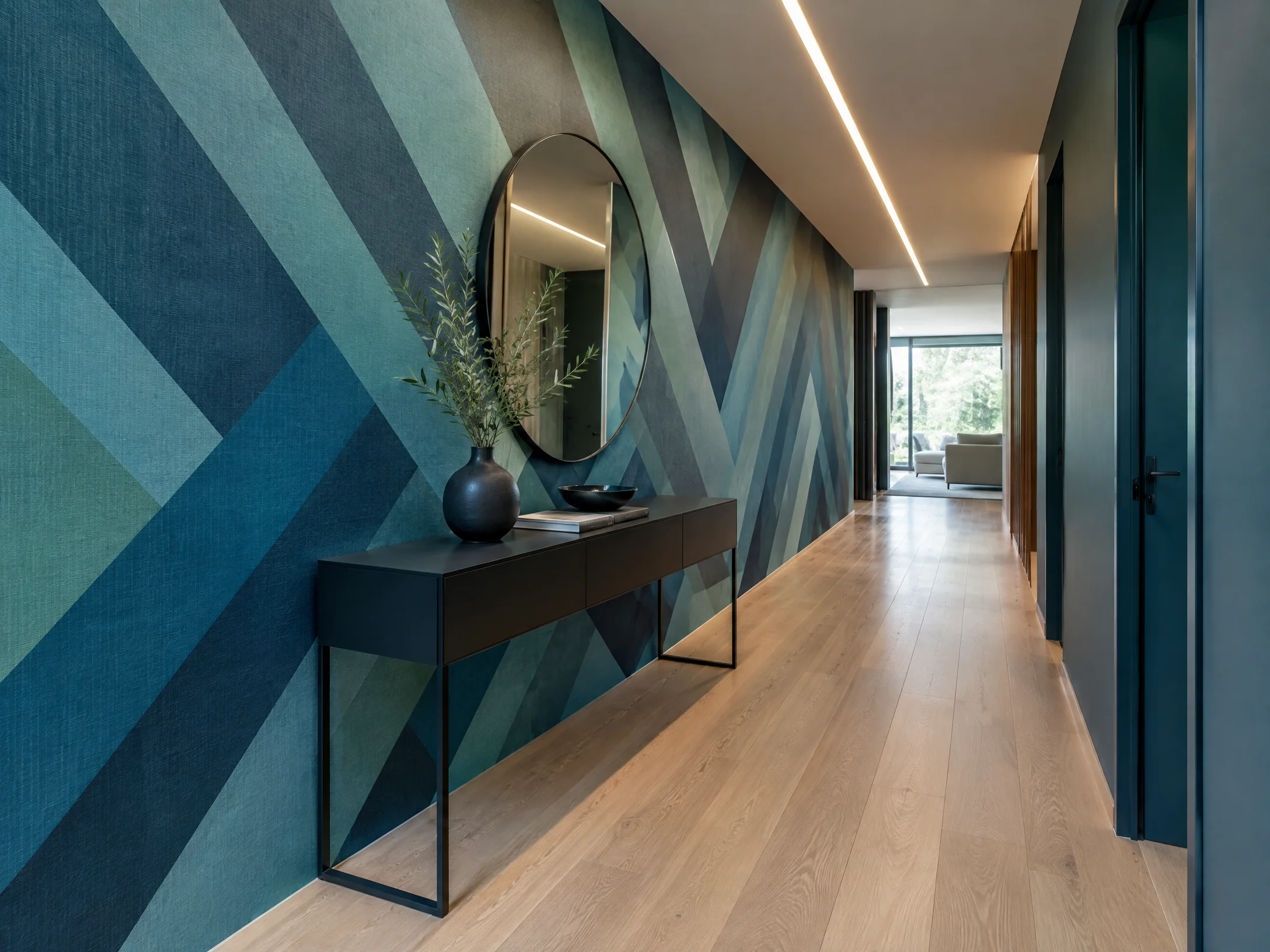 Dynamic Hallway Design with teal geometric wallcovering