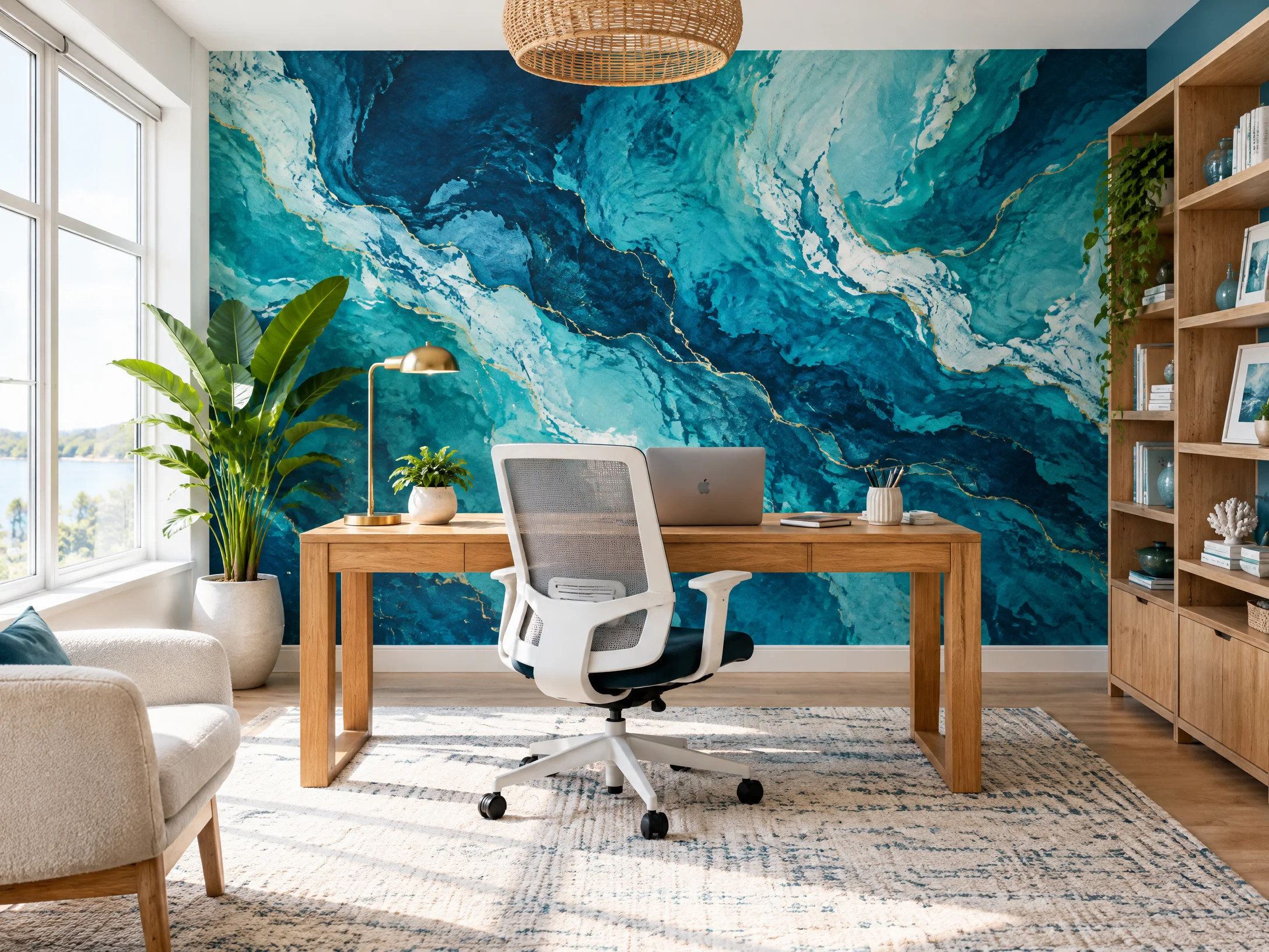 Modern Home Office Accent with ocean blue wallpaper